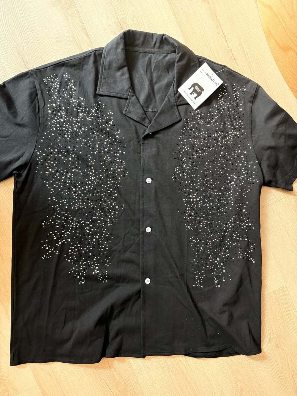 American Stitch Black Rhinestone Embellished Cuban Short Sleeve Button Up Shirt